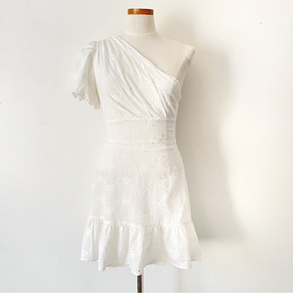 Bohemian Urban Outfitters White Claire One Shoulder Eyelet Mini Dress NWOT Med